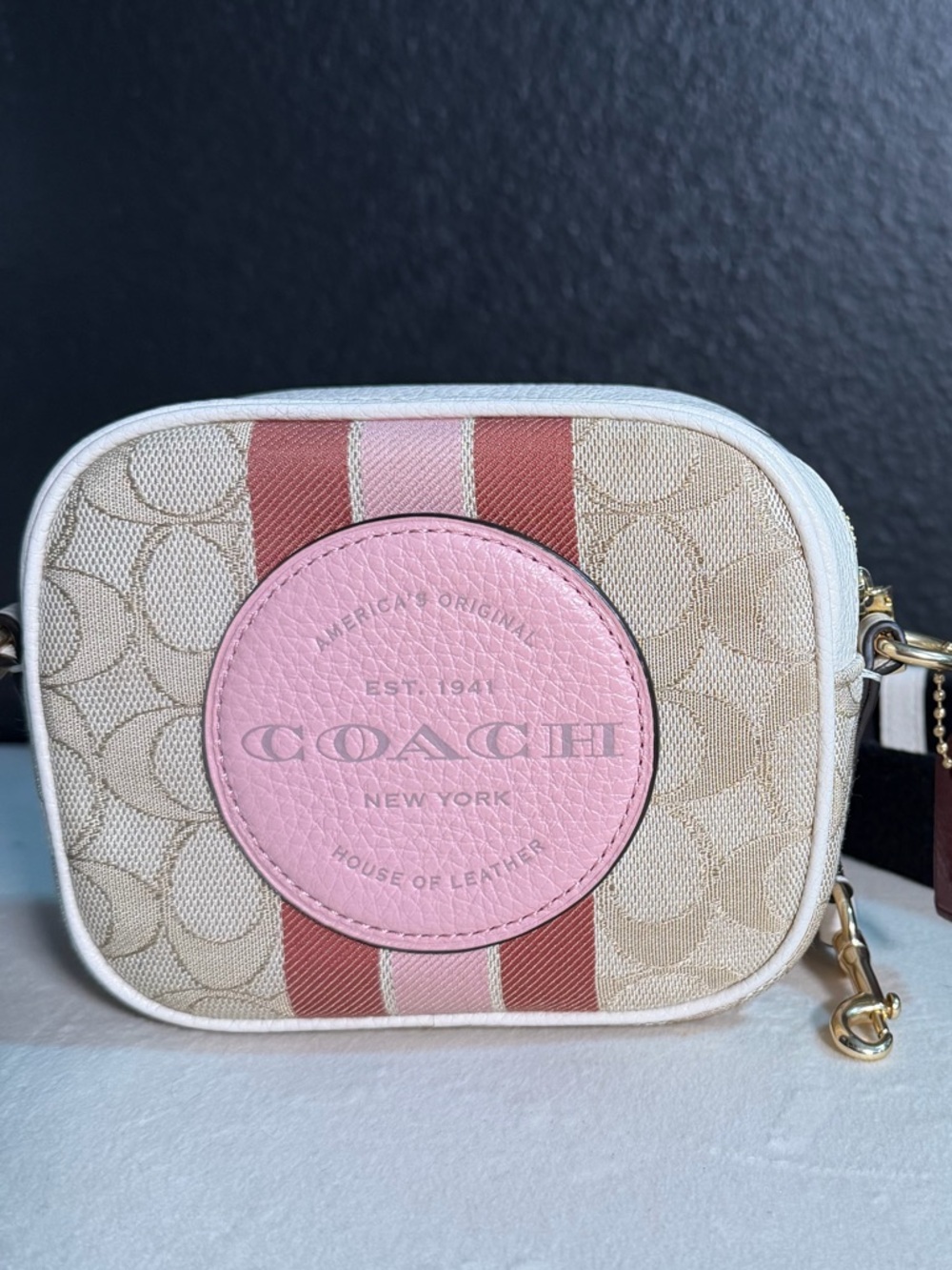 Coach Beige Signature Crossbody with Pink Stripe Accent